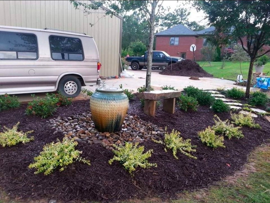 Fountain Garden Bed & Stone Bench - After