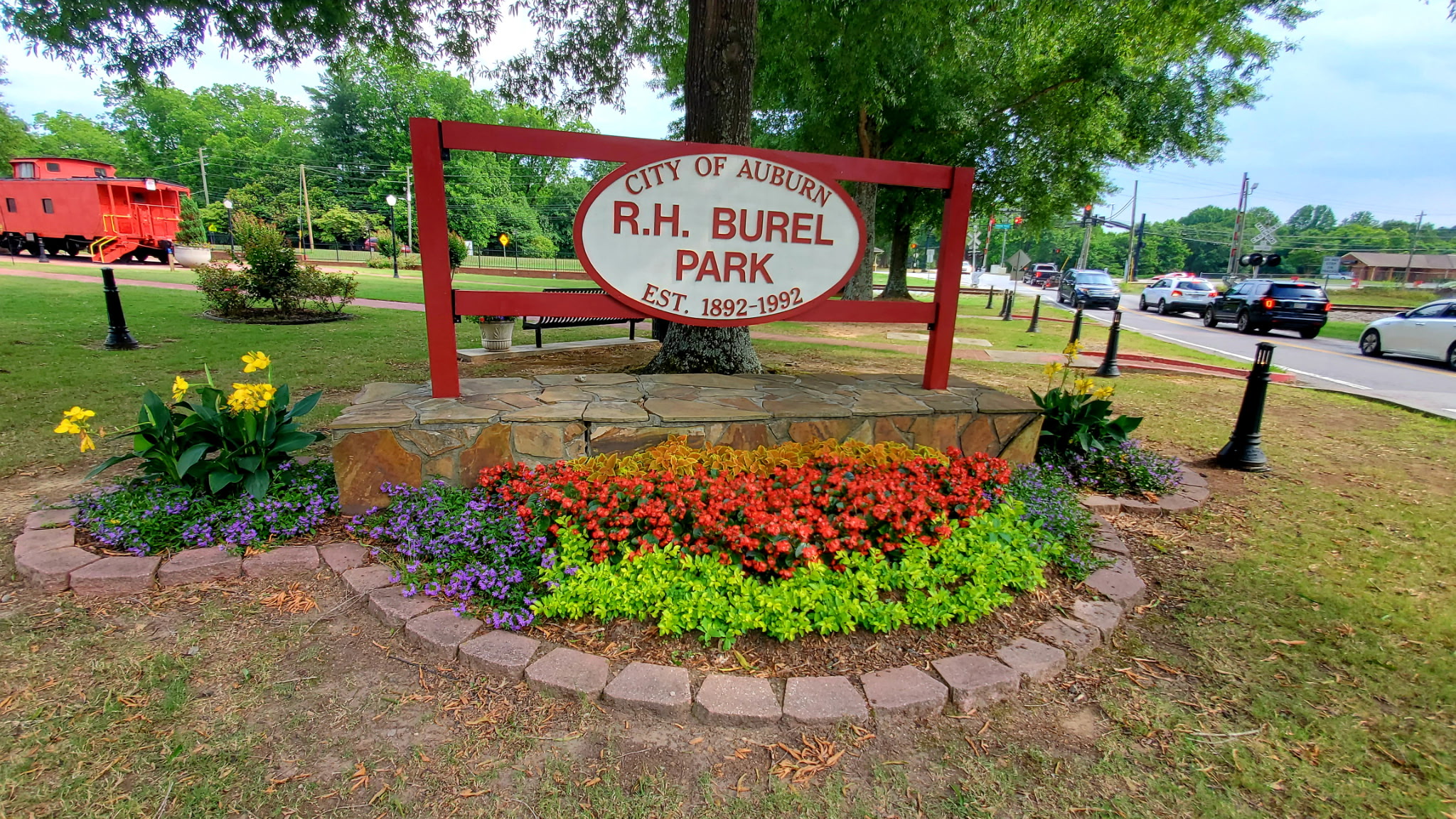 R.H. Burel Park sign flower bed