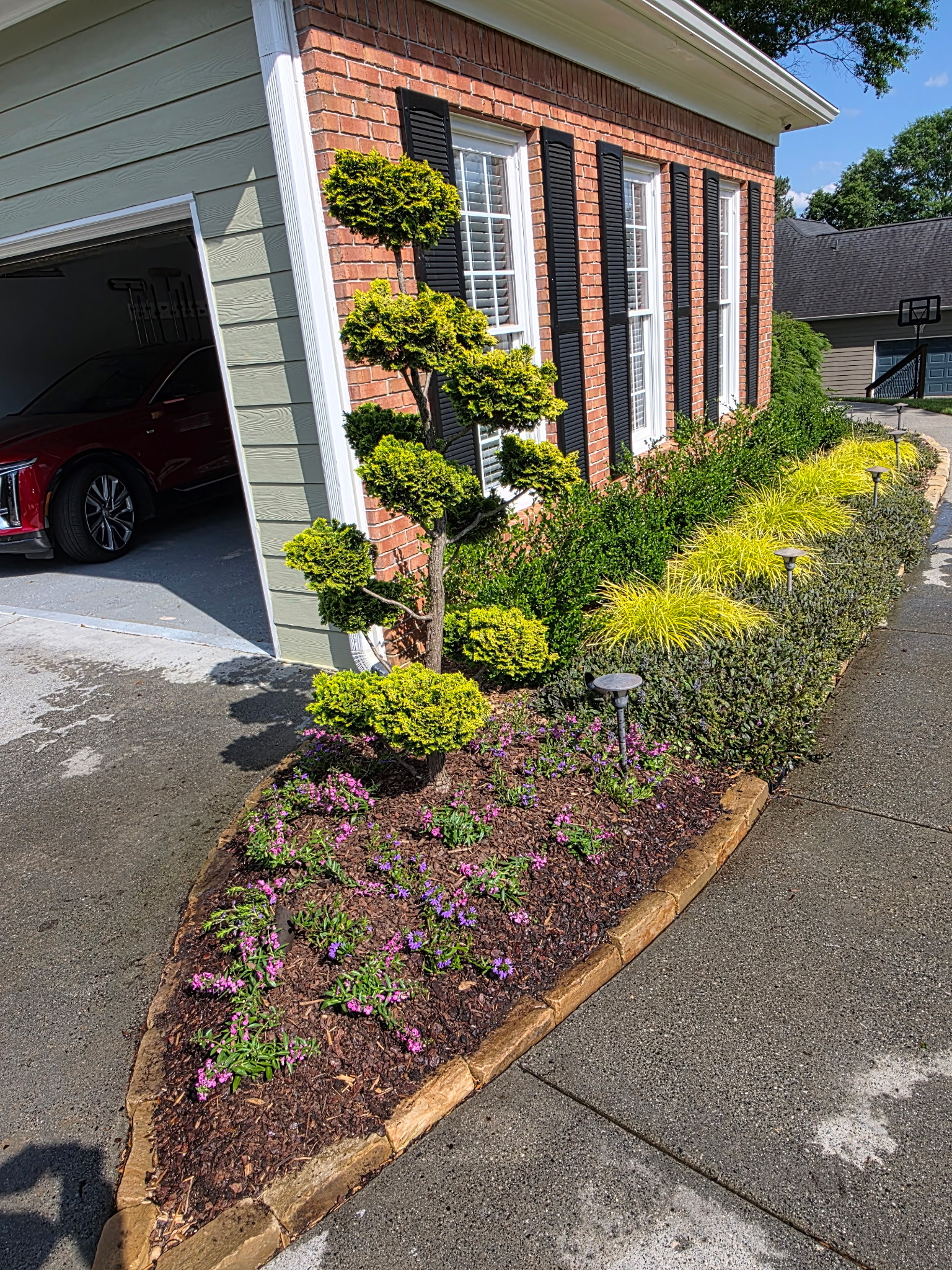 Driveway landscaping with topiary and flowers
